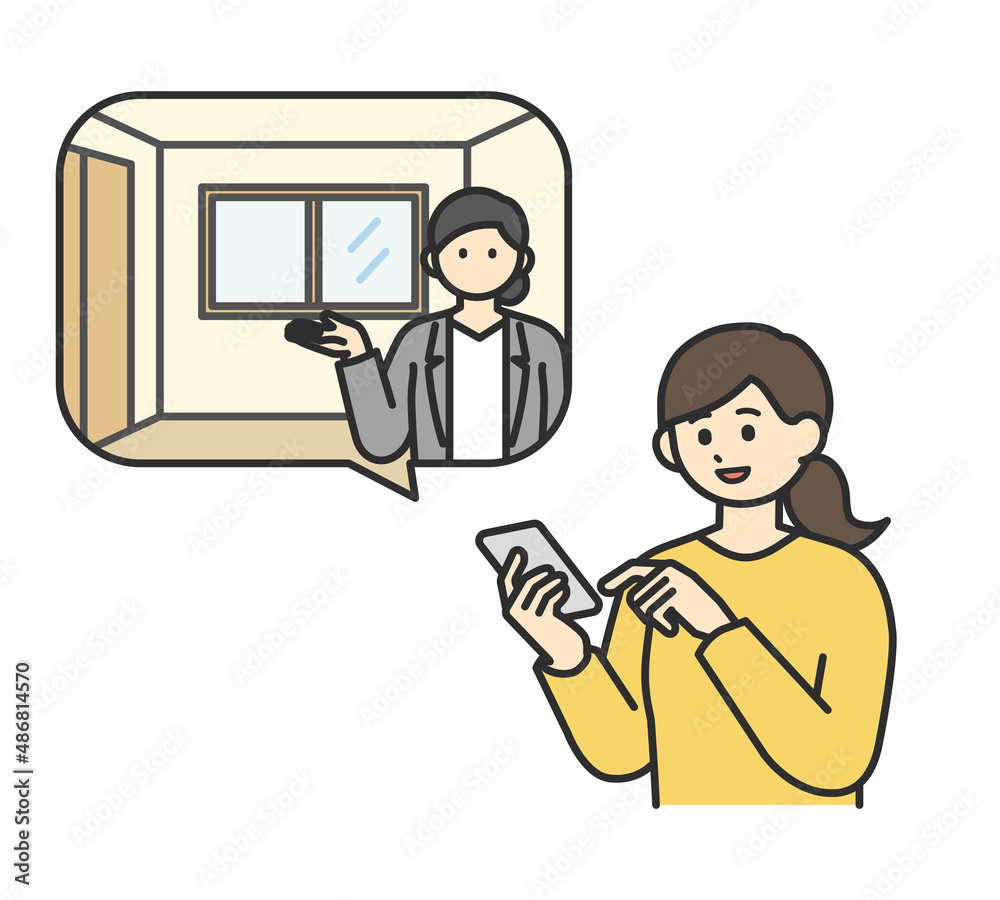 スマートフォンでオンライン内見をする若い女性のイラスト素材