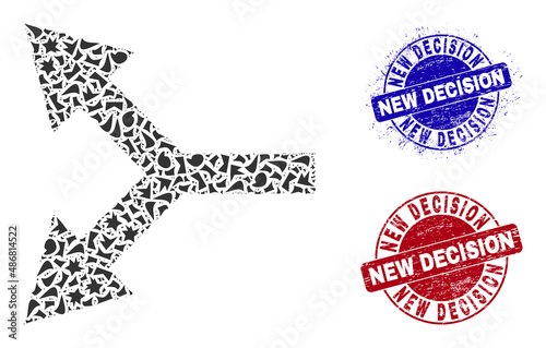 Round NEW DECISION corroded badges with caption inside round forms, and debris mosaic bifurcation arrow left icon. Blue and red stamps includes NEW DECISION caption.