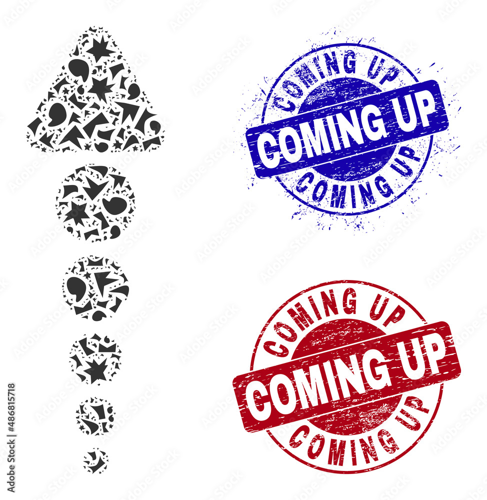 Fototapeta premium Round COMING UP grunge stamps with text inside round forms, and fragment mosaic arrow up icon. Blue and red seals includes COMING UP text. Arrow up mosaic icon of shards parts.
