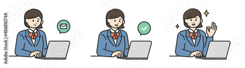 PCを操作して登録する学生の女の子のイラスト素材セット