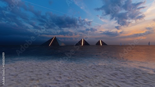 three alien pyramid at sea