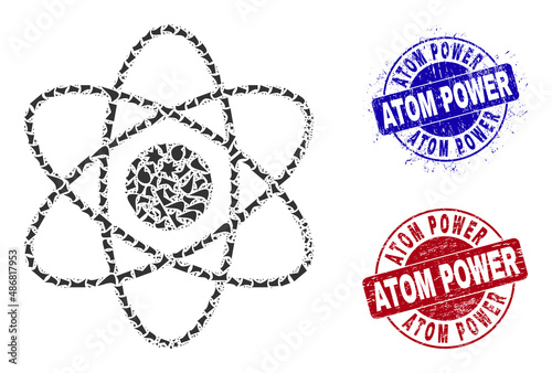 Round ATOM POWER grunge badges with tag inside round forms, and debris mosaic atom icon. Blue and red seals includes ATOM POWER title. Atom mosaic icon of fragment elements.
