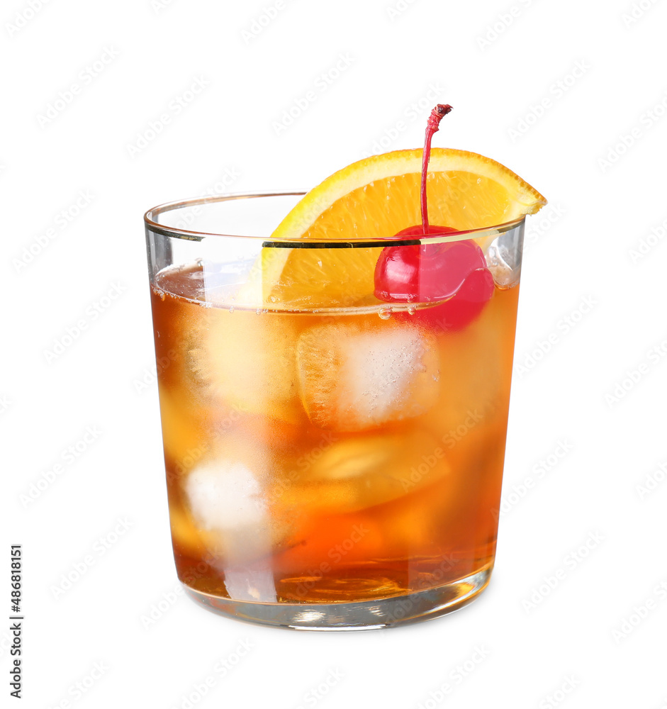 Glass of delicious Old Fashioned Cocktail on white background Glass of delicious Old Fashioned Cocktail on white background