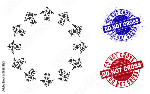 Round DO NOT CROSS scratched stamp seals with tag inside round shapes, and spall mosaic radial arrows icon. Blue and red stamp seals includes DO NOT CROSS tag.