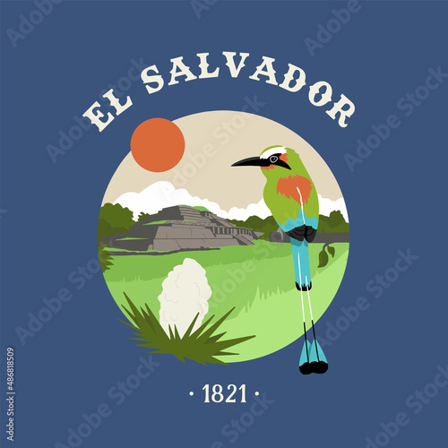 VECTORS. El Salvador, torogoz bird, turquoise-browed motmot, nature, fauna, national symbols, national flower, patriotic, travel, tourism photo