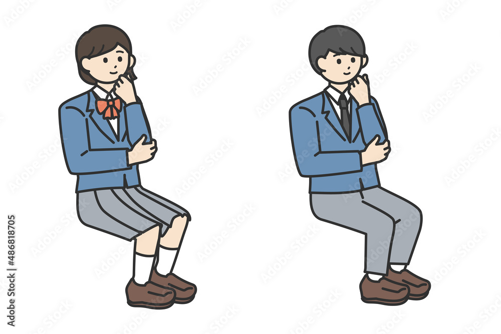 考え事をしながら座っている学生の男の子と女の子のイラスト素材セット