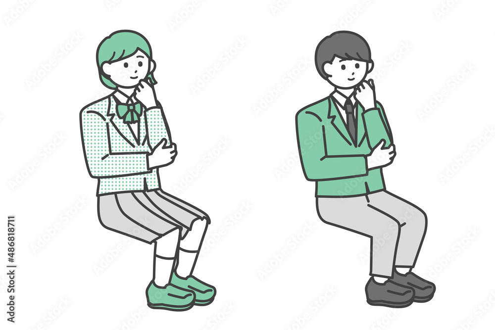 考え事をしながら座っている学生の男の子と女の子のイラスト素材セット