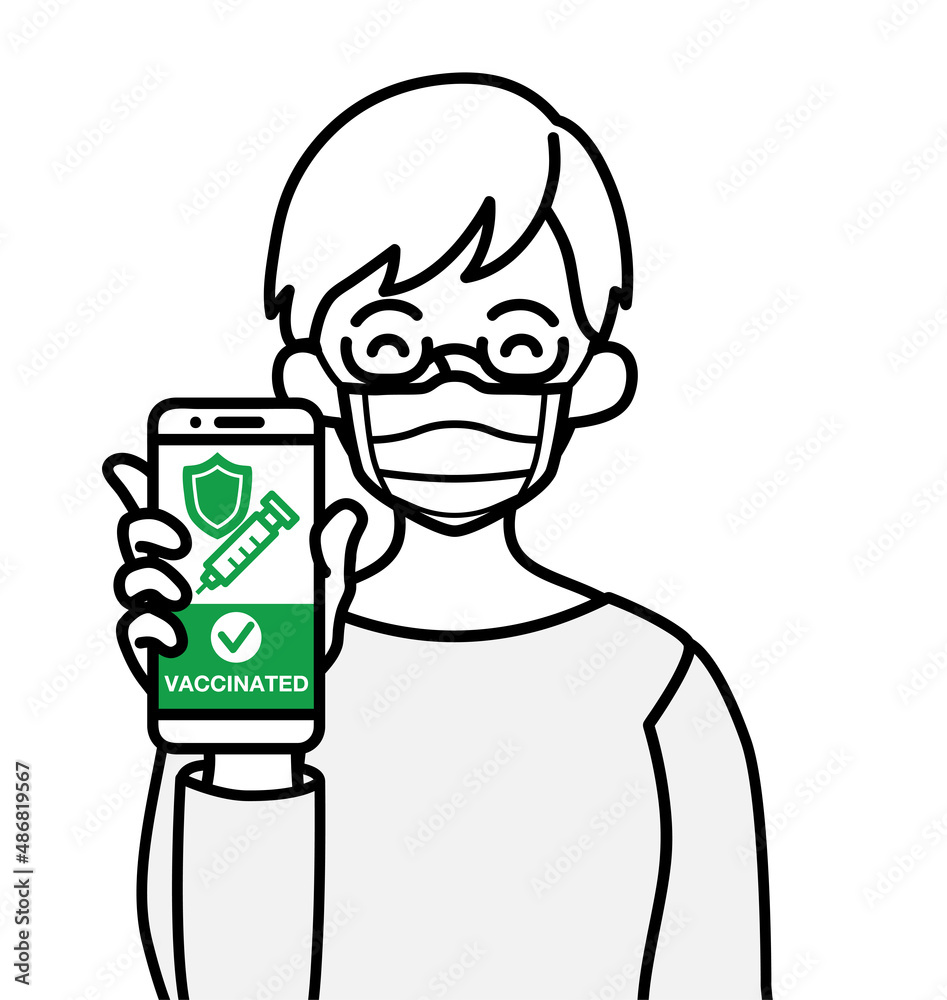 Senior woman grabs a cell phone which displayed vaccine passport with smile Senior woman grabs a cell phone which displayed vaccine passport with smile