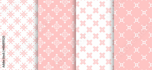 Set of cute seamless patterns on light pink