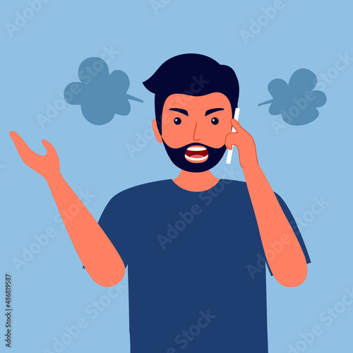Angry customer man on phone in flat design. Guy upset speaking on mobile.