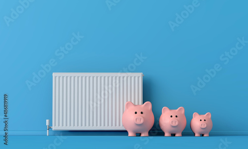 Piggy bank money saving box with a radiator. household heating cost concept. 3D Rendering