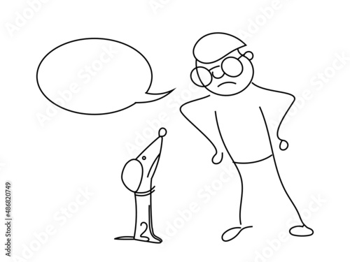 The man is not happy with his dog. The owner scolds the dog. Vector doodle drawing. Linear sketch drawn by hand.