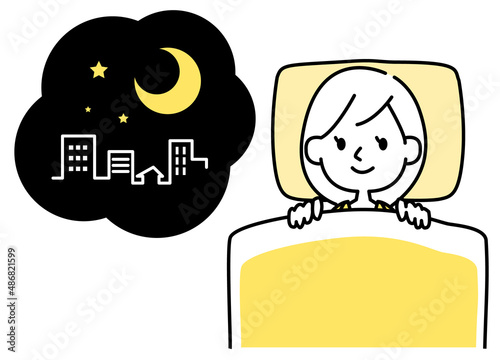 睡眠のイラスト　眠りにつく女性のベクター素材　シンプルタッチ