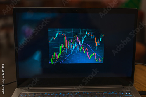 Laptop screen with stock charts. Work on a computer in a cafe. Freelancing in a coffee shop. Trading, cryptocurrency. High quality photo