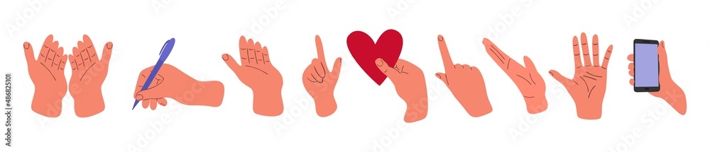 set of hands, different gestures, holding different objects, fingers pointing, isolated flat graphic vector illustration set of hands, different gestures, holding different objects, fingers pointing, isolated flat graphic vector illustration
