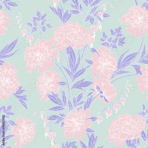 Pattern with peonies. Delicate pastel colors seamless background for decor and fabrics