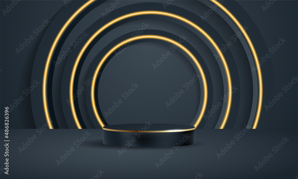 Naklejka premium Realistic elegant luxury 3D rendering dark blue cylinder minimal scene geometric platform podium product display background with golden shine for Presentation, Showcase, Cosmetic, Pedestal Scene.