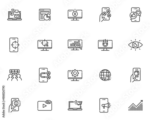 set of marketing line icons, customer feedback, advertise