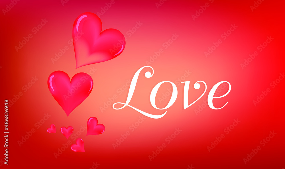 red vector heart shape on abstract red background with love text