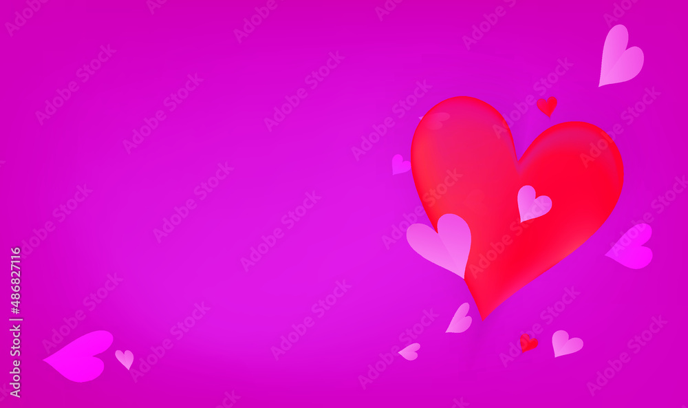 vector red hearts in 3d format and paper hearts blown around on a dark pink background