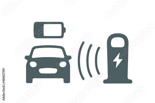 Wireless battery charging vehicle power station icon. Electric car charging illustration isolated. Green Electric  battery refilling point vector symbol. Renewable eco technologies. Vector layouts