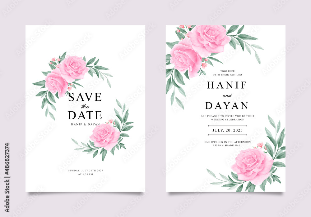 Beautiful wedding invitation template with watercolor pink roses and green leaves