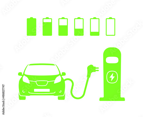 Electric car with plug graphic icon. Car charging station icon in trendy flat style. Electrical charging station symbol. Renewable eco technologies. Vector illustration. Battery charging grades icons
