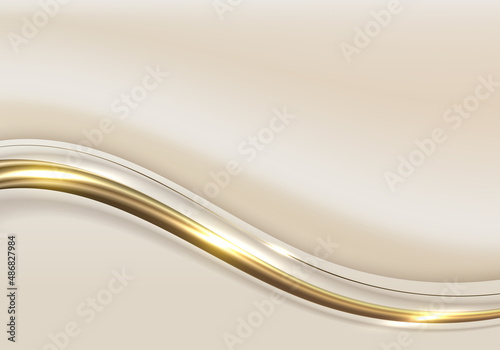 Abstract elegant white and brown wave shape with 3D golden curved lines rounded and light sparking on clean background