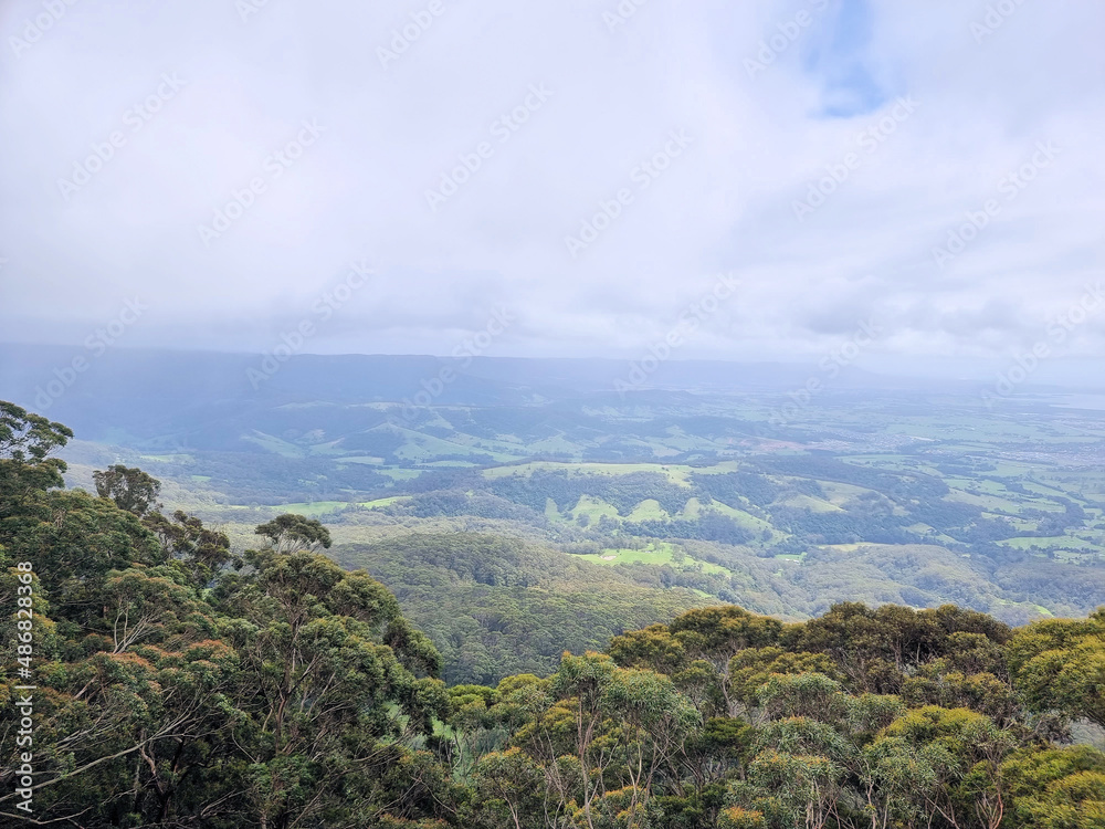 View from the Illawarra Escarpment towards Shellharbour over farmland and Australian bush. New South Wales Australia
