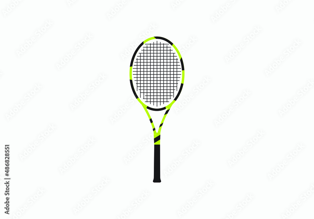 Single big tennis racket isolated on white background. Black silhouette of a racket, an element of sports games, equipment. Vector illustration.