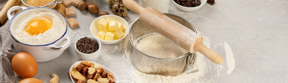 Fototapeta premium Cooking ingredients on light background.