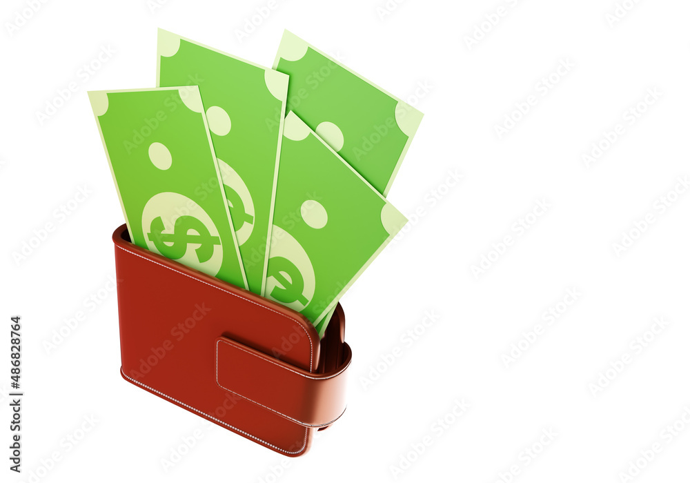 Wallet with lot of money. Concept of making profit. Getting big income. Bills with dollar sign sticking out of wallet. Shrek of rich man on white background. High money income. 3d image. Wallet with lot of money. Concept of making profit. Getting big income. Bills with dollar sign sticking out of wallet. Shrek of rich man on white background. High money income. 3d image.