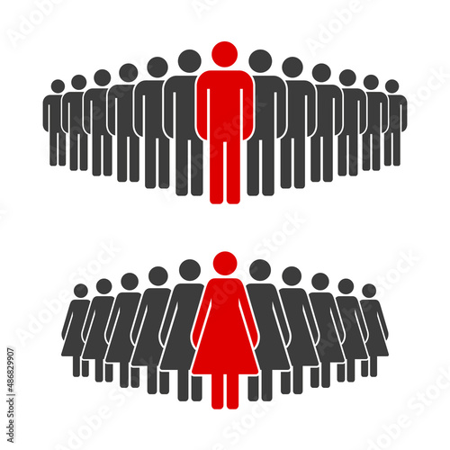 Man and woman standing out from the crowd. The red stick figure ahead of the black stick figures. Difference and individuality concept. People group icon. Vector illustration isolated on white.
