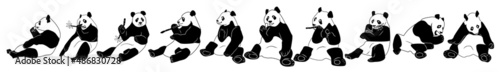 Set of vector hand drawn cute sitting panda bear illustrations. Collection black and white icons panda with a lot of variation. Horizontal composition of a vector illustration.