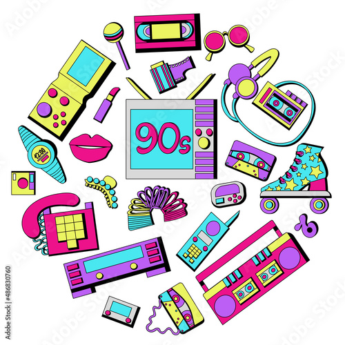 Hand drawn set of 90s, retro items placed in a circles. Set of retro pop culture items from the nineties. Vector illustration isolated on white background.  Set of icons  in cartoon 90s pop-art style