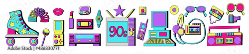 Horizontal banner for a web site of stickers cartoon 90s pop-art comic style. Hand drawn set of 90s, retro items.  Vector illustration isolated on white background.
