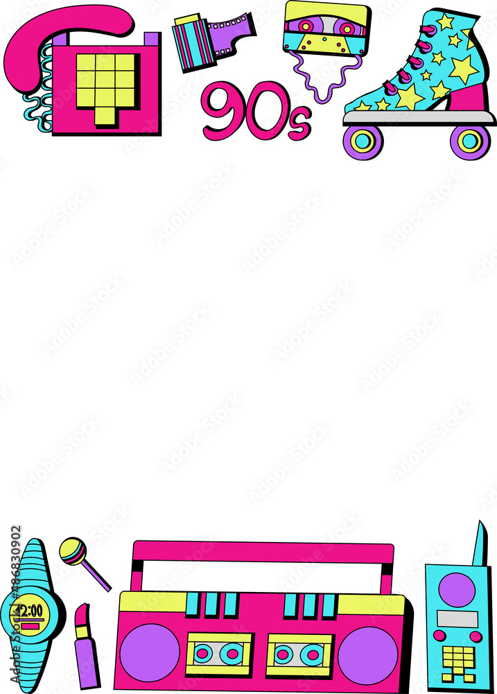 Vertical frame of retro culture items from the nineties. Hand drawn set
