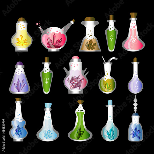 Vector set of magic potions with precious stones inside. Illustration in a cartoonishly realistic force. For the interface of fantastic games