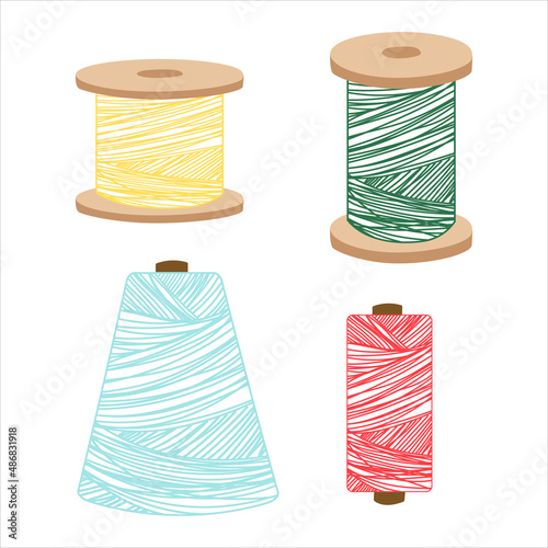 Set of coils of coloured threads. Vector illustration isolated on a white background in a flat style. Collection of sewing threads for tailors.