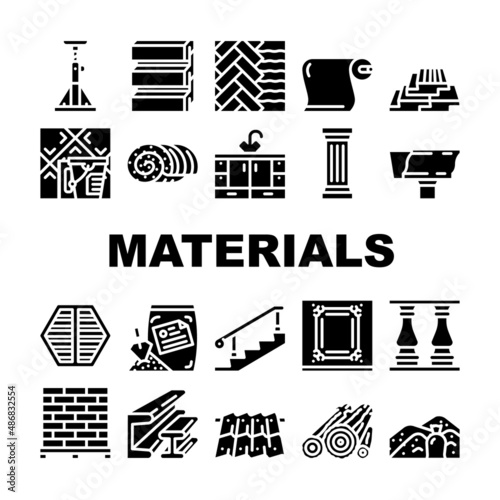 Building Materials And Supplies Icons Set Vector. Brick And Sand, Lumber And Plywood, Flooring And Roof Building Materials Line. Kitchen Bath Cabinets Furniture Glyph Pictograms Black Illustrations photo