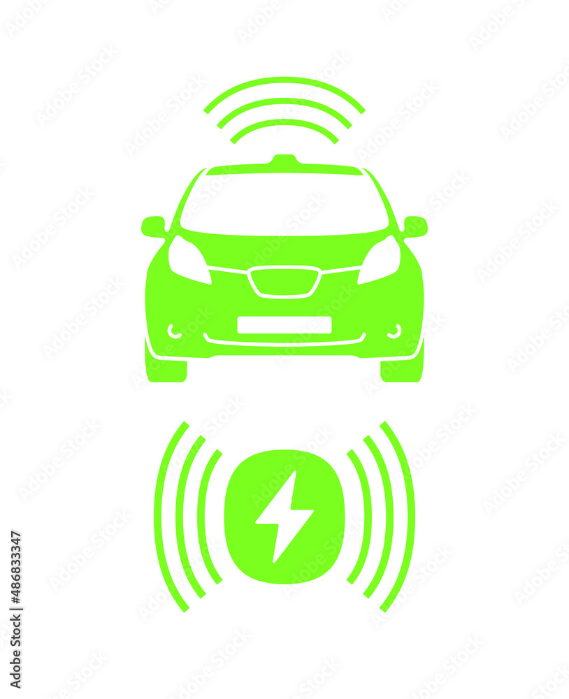 Wireless car charging station icon. Electric car charging illustration isolated. Electric Vehicle Green electric car charging point vector symbol. Renewable eco technologies. Vector layouts