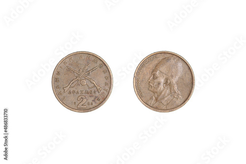 2 drachmes 1982 coin isolated on black background, Greece. both sides close-up photo