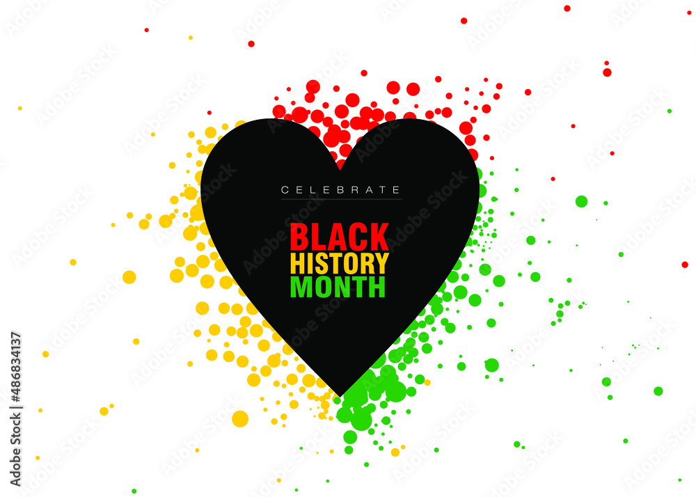 An abstract vector illustration of Black History Month with a black heart and a spray of red yellow and green dots