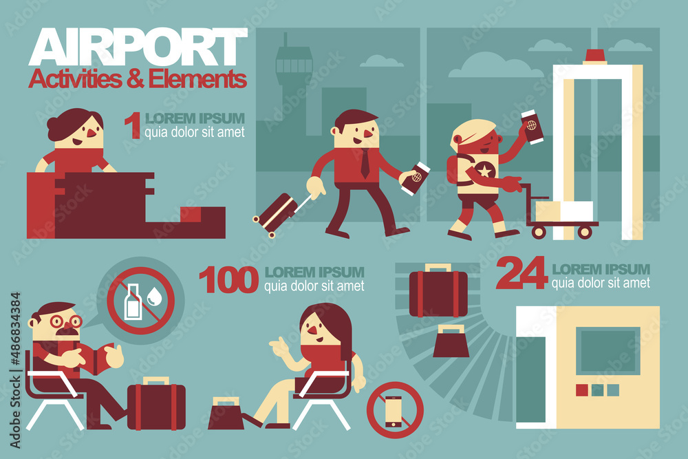 Vector Illustration Inside The Airport, Activities and Elements.