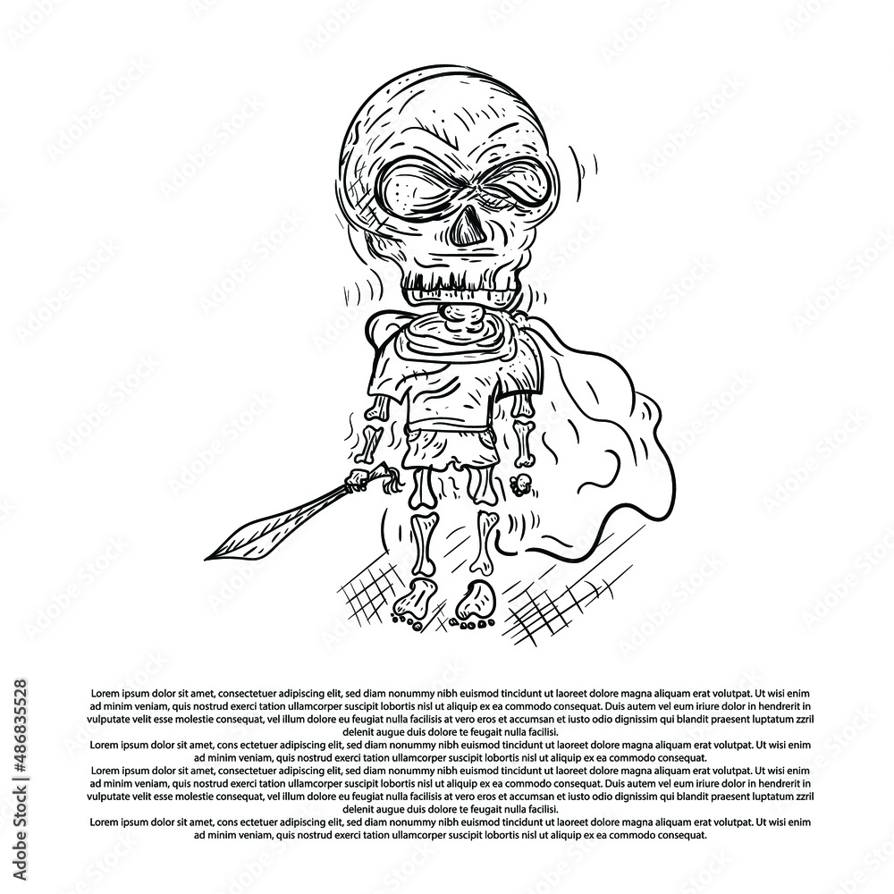 doodle vector illustration of a human skeleton character who becomes a hero with a flying cloth and a sword doodle vector illustration of a human skeleton character who becomes a hero with a flying cloth and a sword
