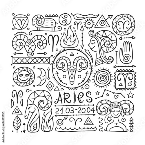 Illustration of Aries zodiac sign. Element of Fire. Design of Astrology Calendar  Horoscope  Print.