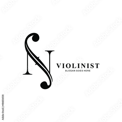 logo letter N and F-holes. violinist logo initials N. letter N logo violin character. letter N with violin hole