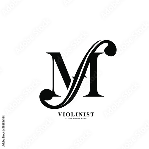 logo letter M and F-holes. violinist logo initials M. letter M logo violin character. letter M with violin hole