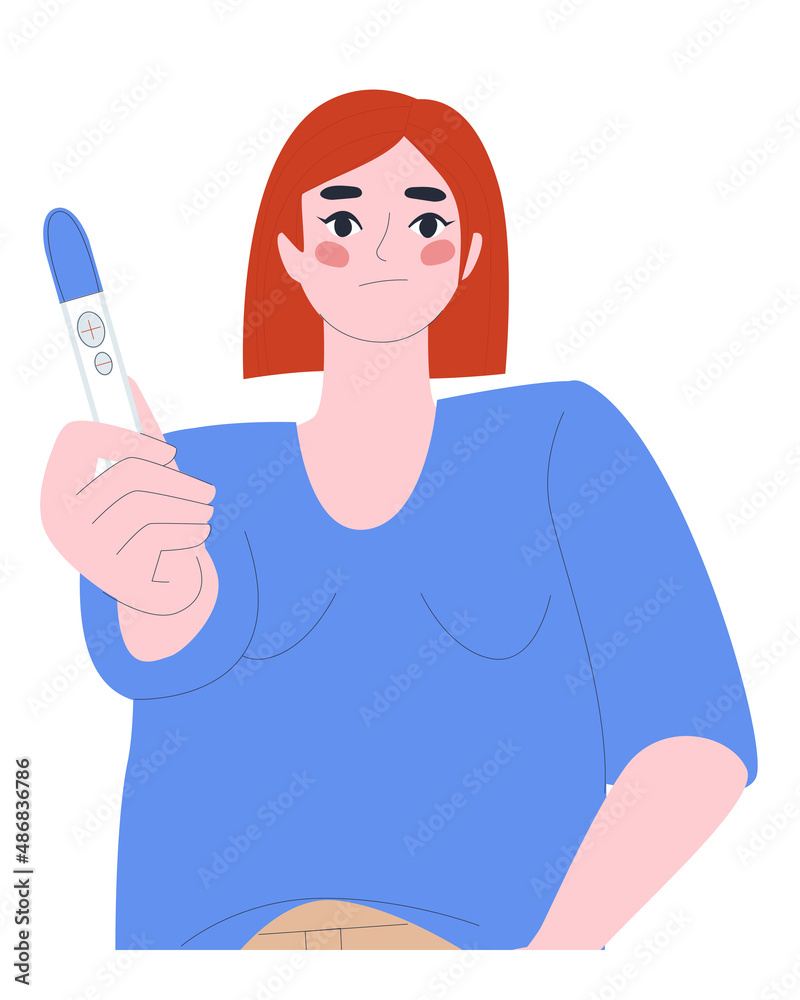 Negative pregnancy test in the hand of a girl. Embarrassment on the face. Flat vector illustration. EPS10