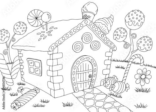 Candy house building exterior graphic black white landscape sketch illustration vector